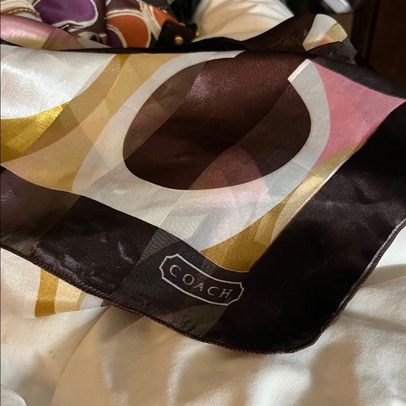 Coach Silk Scarf with Brown, Gold, and Pink Accents - Picture 1 of 3